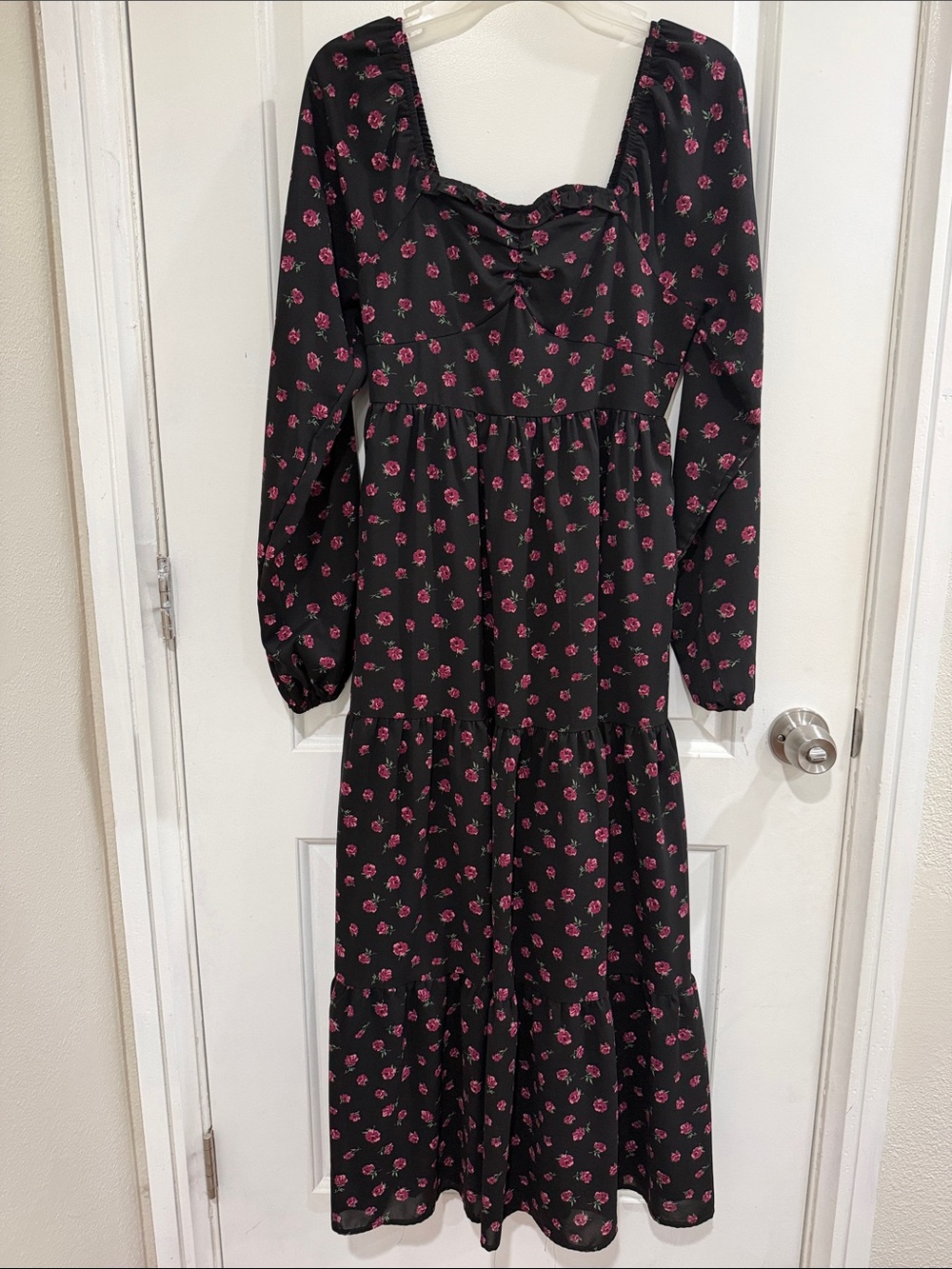 Pink Lily Black Maxi Dress with Pink Rose Print